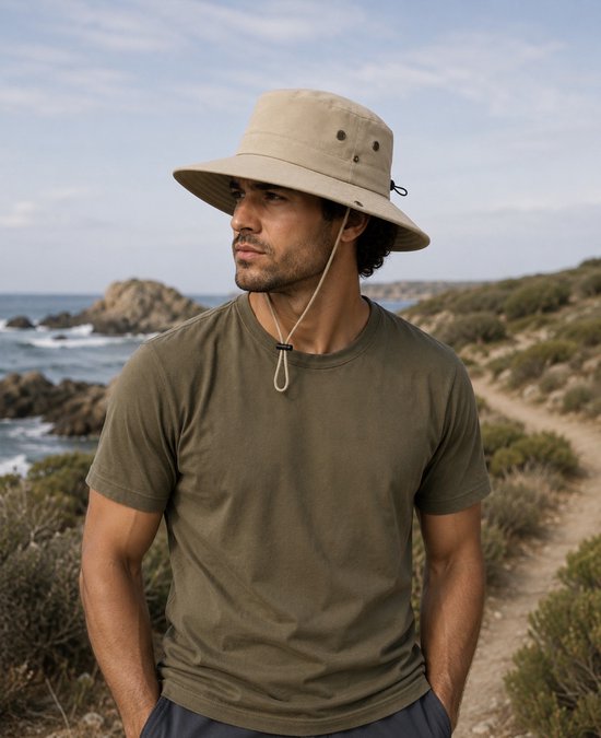 Man met beige safarihoed met brede rand, koord en drukknoopjes, staand in een kustlandschap.
