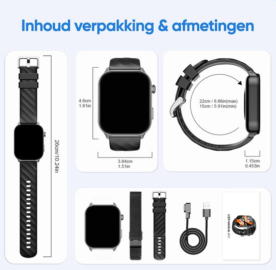 Verpakking met zwarte smartwatch, metalen band, oplader en instructies. Afmetingen vermeld.