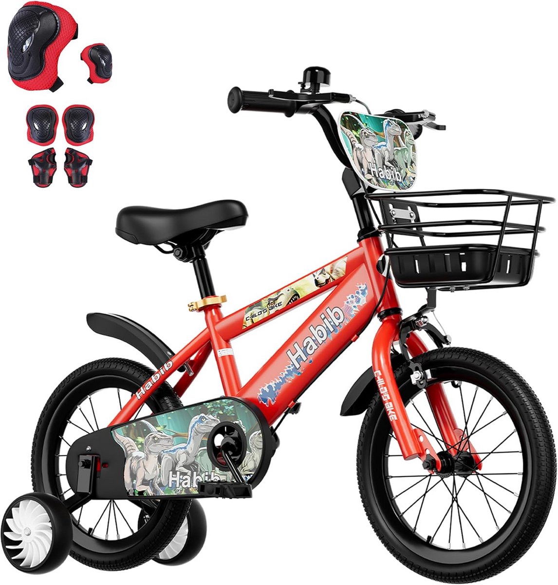 Jongensfiets Dino-editie Kinderfiets met zijwielen Avontuurlijk leren fietsen Complete set met bescherming 14 inch Rood