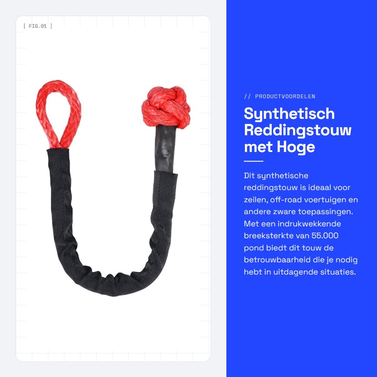 Dailygoods- Reddingstouw 25000 kg Treksterkte - Synthetisch Touw - Zachte Sluiting - 1/2" Dikte - 125 cm Lengte - Geschikt voor SUV/ATV/Truck - Sleepkabel