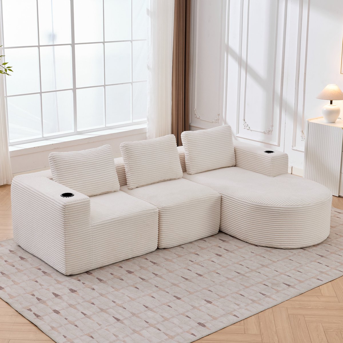 HAUSS SPOLE Bank - Compacte 2-Zitsbank - Met 3 Kussens En 2 Bekerhouders - Voor Woonkamer, Appartement En Kantoor - Polyester Beige