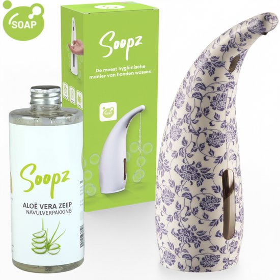 Doos, navulverpakking en zeepdispenser met blauw-wit bloemenpatroon, merk Soopz.