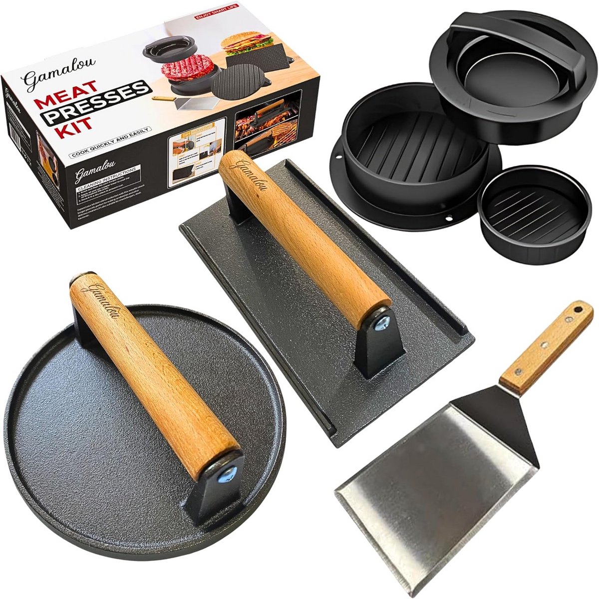 Hamburgerpers Gietijzer Burgerpers Set Burgers Grillen Antiaanbak Gietijzer 20.9 x 11.9 cm Zwart