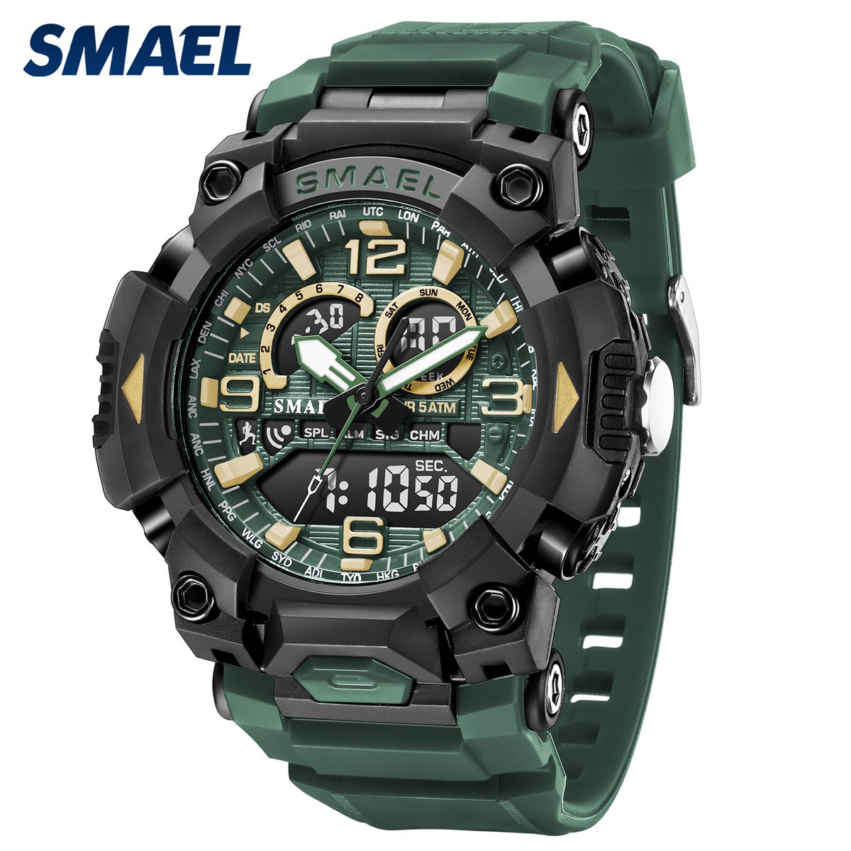 sportief zwart/groen horloge dubbel scherm met tijd datum chronometer alarm waterdicht en led licht
