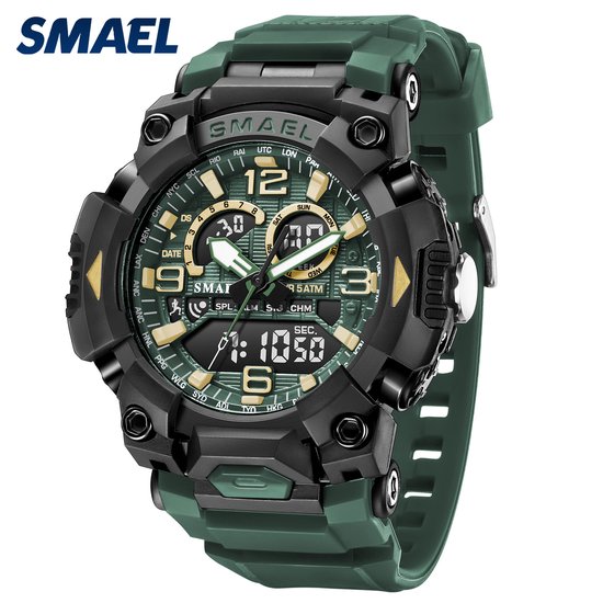 SMAEL sportief horloge, groen met zwart, met dubbel scherm, tijd, datum, chronometer, alarm en LED licht. 5 ATM waterdicht.