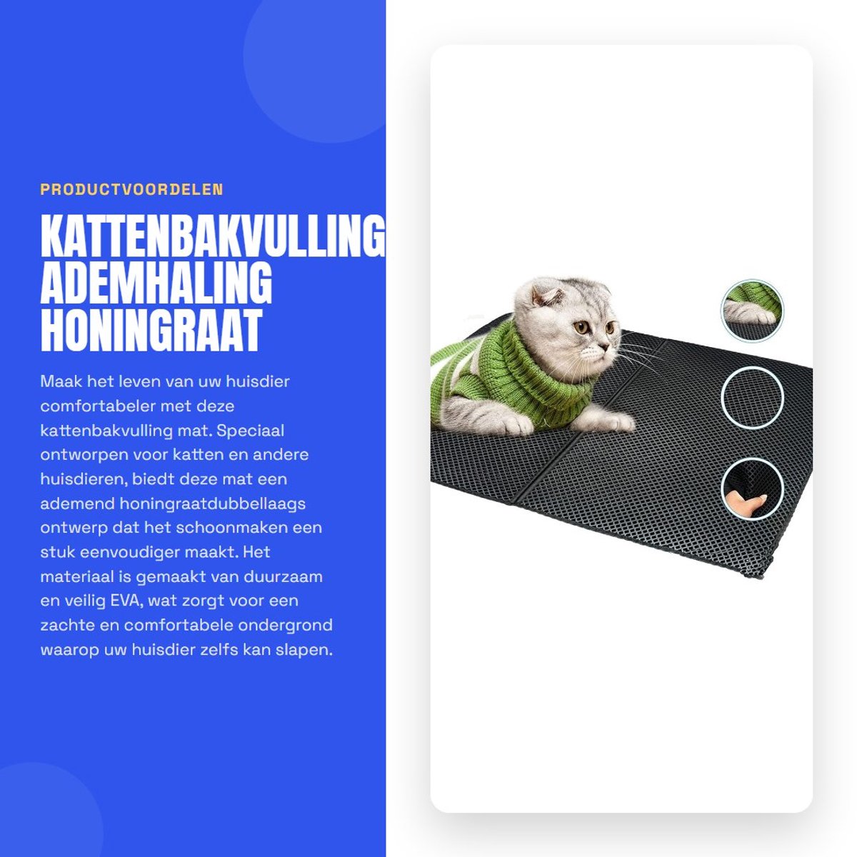 Dailygoods- Kattenbakvulling Waterbestendig - Ademhaling Honingraat - Dubbellaags Ontwerp - Duurzaam EVA - Zacht Materiaal - 40x50 cm - Huisdier Mat