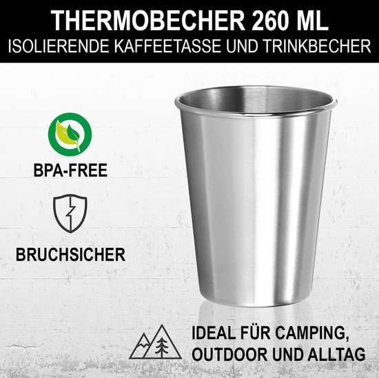 RVS Bekers - Drinkbekers Staal - Kamperen en Reizen - Onbreekbaar en BPA-vrij - 260 ml 6 stuks - Zilver van rvs — afbeelding 2