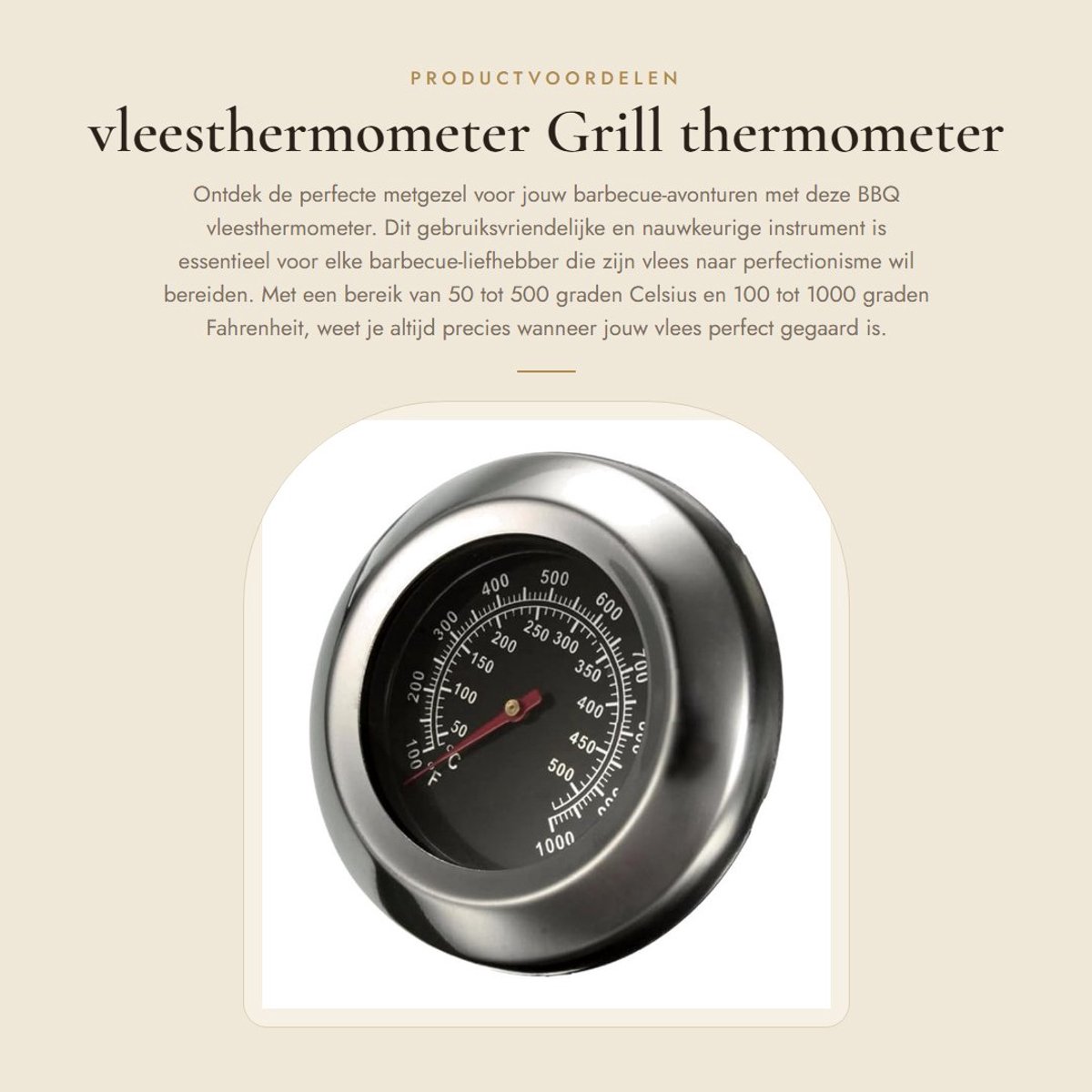 Dailygoods- Vleesthermometer Roestvrij Staal - Grillthermometer - Nauwkeurig (+/- 10F) - Dubbele Graad Celsius/Fahrenheit - Diameter 75 mm - Eenvoudig te Installeren