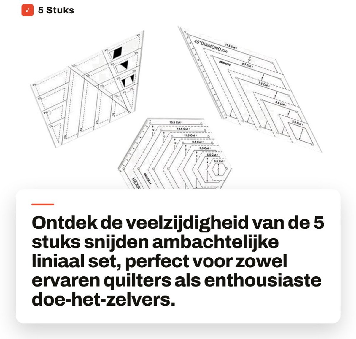 Dailygoods- Liniaal Vijfdelige Set - Transparante Acryl Linialen - Naai-Accessoires - Quilten - Hoge Sterkte - Duidelijk Zichtbaar - Meetlat