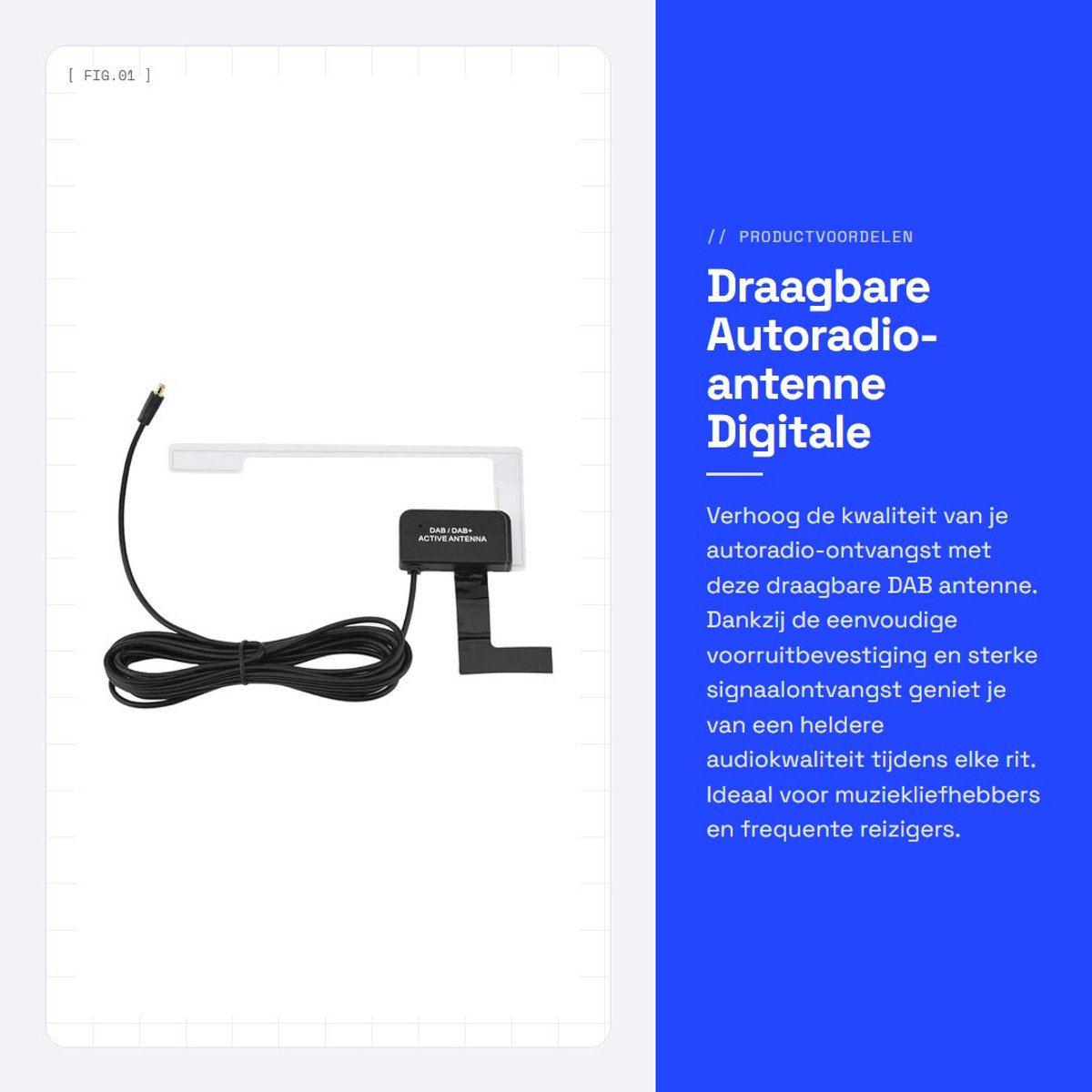 Dailygoods- Autoradio-antenne DAB digitale radioantenne - Voorruitbevestiging - MCX-connector - Sterke signaalontvangst - Plug and play - Werkt bij -20°C tot +60°C