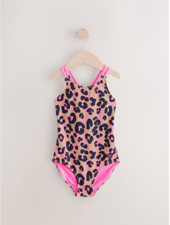 Bruin badpak met luipaardprint, roze bandjes, hangend aan een hanger