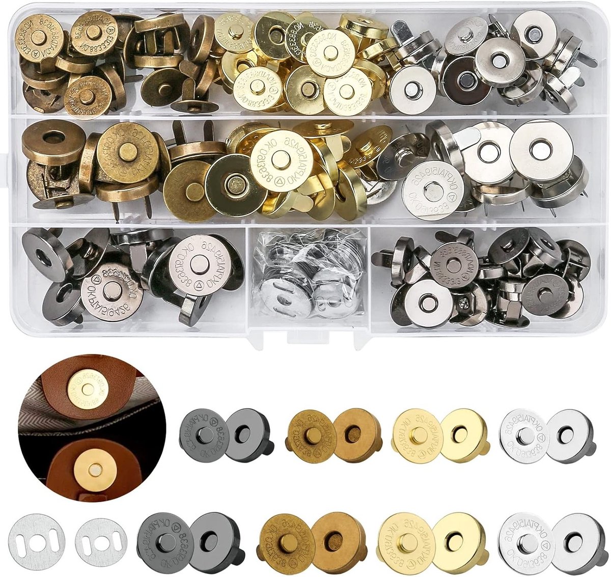 Set van 60 Magnetische Knopen, 14mm en 18mm, Metaal Magnetische Drukknoop Sluitingen voor Handtassen, Rugzakken en Kledingstukken, Perfect voor Naaien en Creatieve Projecten