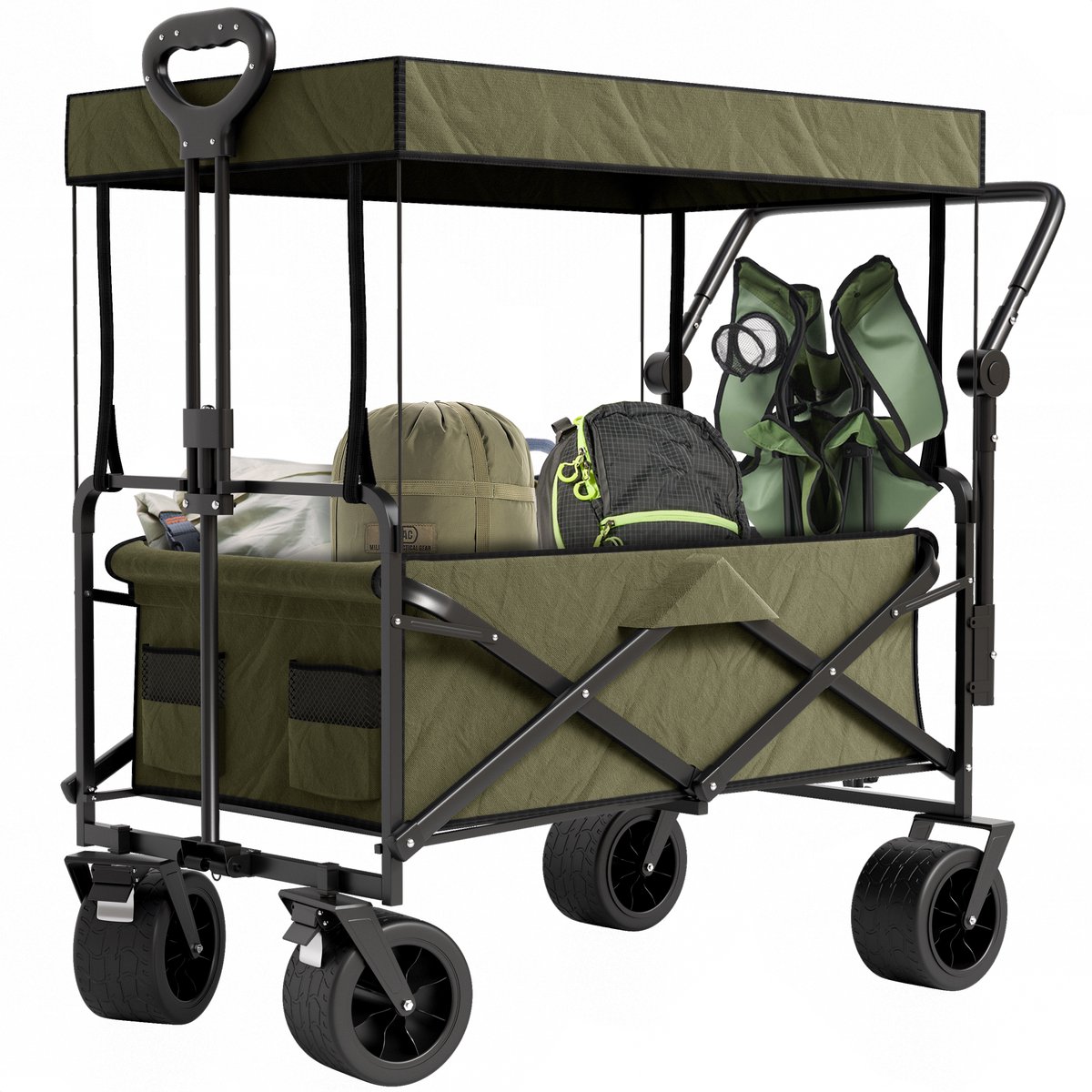 Avalo Bolderkar Opvouwbaar met Dak XL - 120L en 110kg Draagvermogen - Bolderwagen met 360° Wielen - Groen