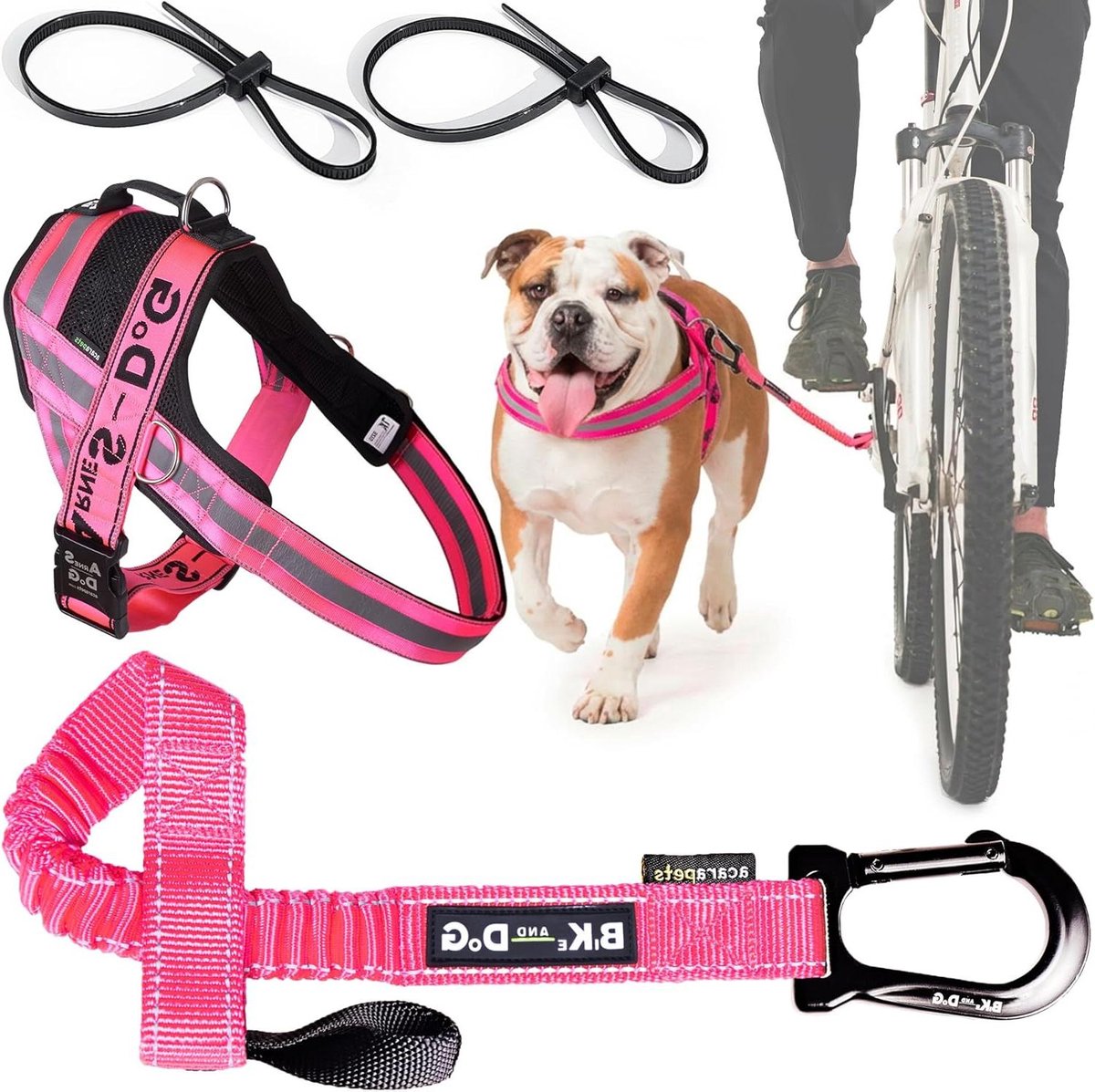 Hondenriem en Fiets harnas - Hondentuig Fiets - Veilig Fietsen met Hond - Gepatenteerd Snelmontage Systeem - XL - Roze