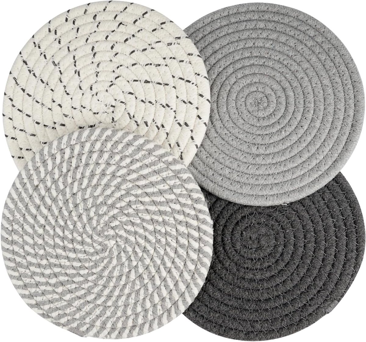 Set van 4 Ronde Katoenen Warmtebestendige Onderzetters - Absorberende Pan Onderzetters voor Keuken, Antislip, 7 inch, Beige, Donkergrijs, Lichtgrijs, Duurzaam en Wasbaar
