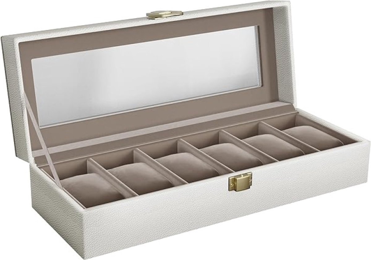 Horlogedoos met 6 vakken, glazen deksel en afneembare kussens