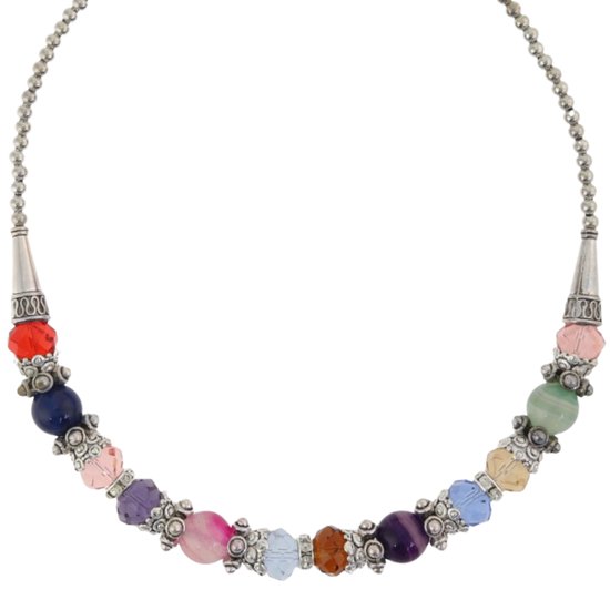 Behave Ketting Dames Kleurrijk – Boho Kralen Ketting met Glas & Natuursteen – Zilverkleur – Verstelbaar 44-51 cm – Trendy & Uniek