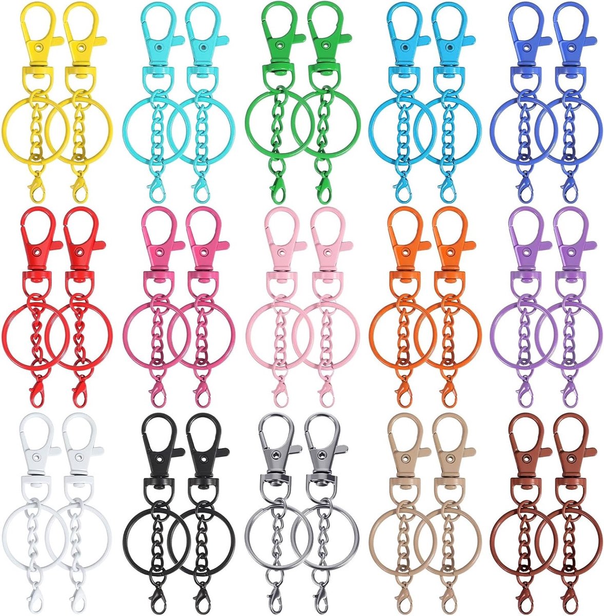 Set van 30 Sleutelhangers met Draaisluiting, DIY Craft Accessoires in 15 Kleuren, Zinklegering en IJzer voor Sleutels en Creatieve Projecten