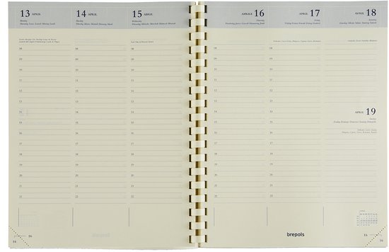 Bureau agenda vulling 2027, weekoverzicht van 13 tot 19 april op 2 pagina's, beige met gouden spiraalbinding.