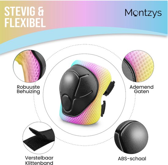 Gedetailleerd overzicht van een Montzys kniebeschermer met stevige behuizing, ademende gaten en verstelbare klittenbandsluiting.