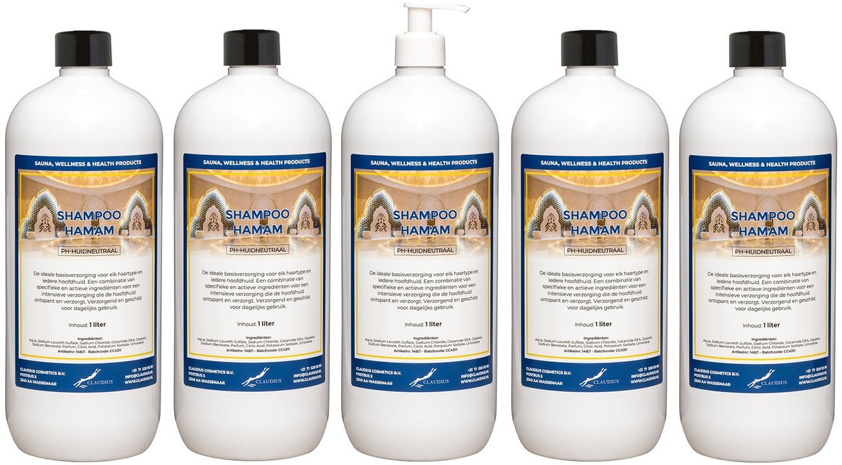 Shampoo Hamam 1 liter met witte pomp - set van 5 stuks - voordeelverpakking - haarverzorging