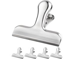 RVS Vershoudclips & Zakklemmen - Set van 5- Sterke Metalen Clips voor Voedsel, Foto's & Kantoor - Grote RVS Klemmen - Zilver- 55 mm