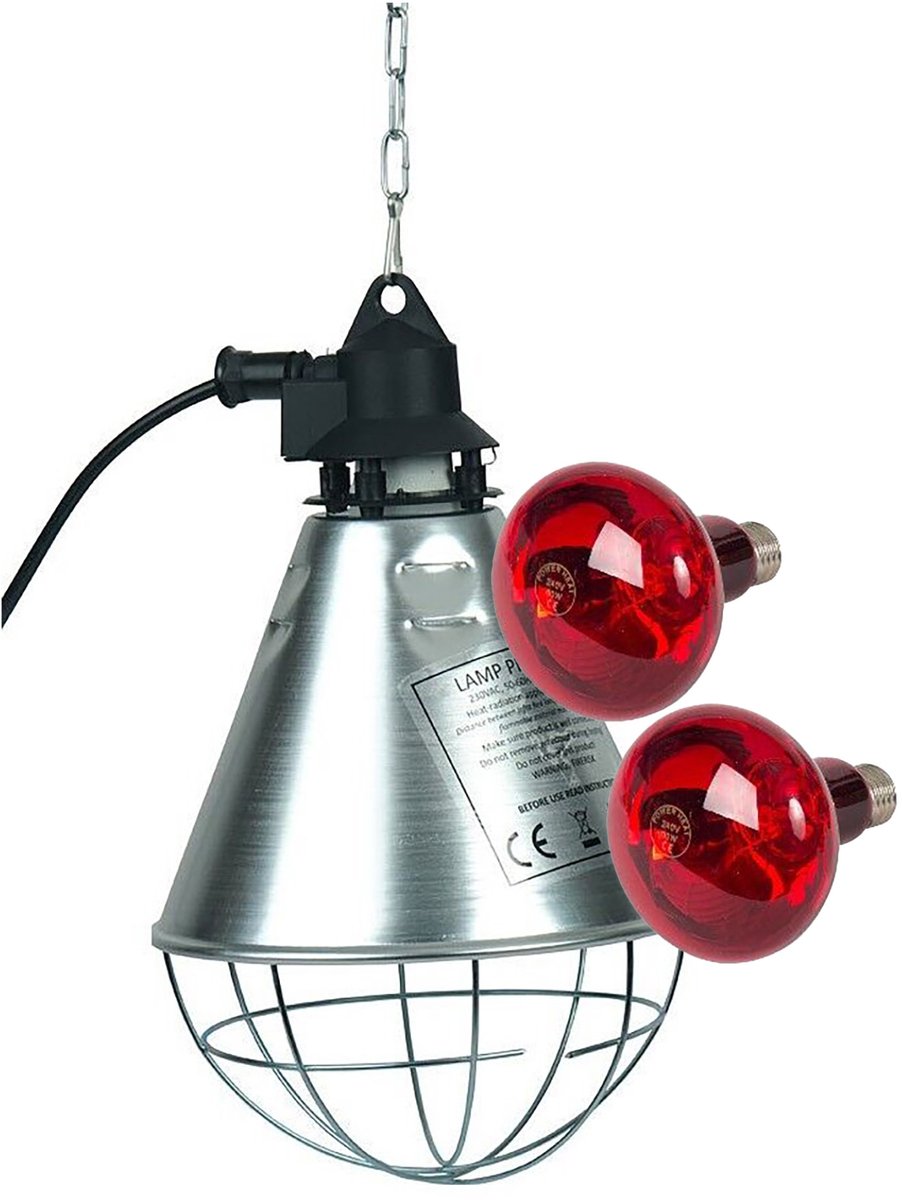 Rood licht warmtelampenset, met 2 infraroodlampen van 60 W & 100 W, beschermkorf met 2,5 m snoerlengte & 2 m ketting. Alternatief voor warmteplaten -.