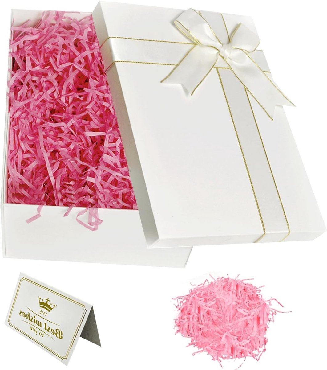 Premium Cadeaubox met Deksel, 25 x 18 x 8.5 cm, Set met Strikken, Wenskaarten en Raffia voor Bruiloft, Moederdag, Verjaardag en Kerstmis