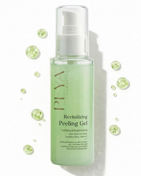 Lichtgroene Revitalizing Peeling Gel van PEYA Cosmetics in een pompflacon met omringende bubbels.