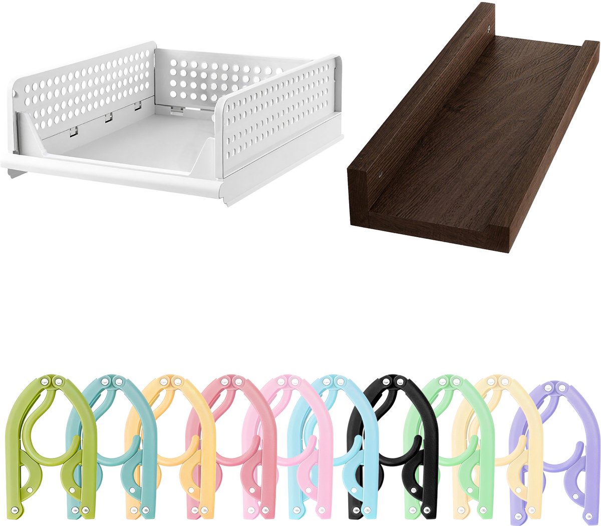 Complete Opbergset voor Kleine Ruimtes - Kledingkast, Vouwbare Kledinghangers & Houten Wandplanken