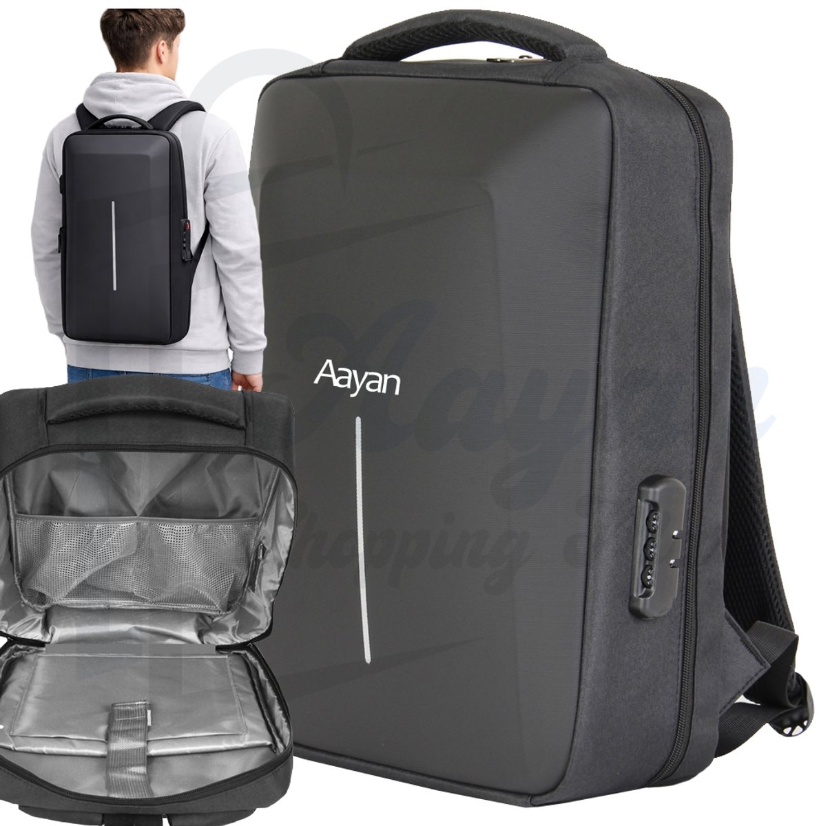 Anti-Diefstal Laptop Rugzak met Cijferslot & USB – Hardshell Business Backpack 15L – Waterafstotend – Zwart – Zakelijk & Reizen – backpack met cijferslot – rugzak – laptoptas – hardshell rugzak – 86170
