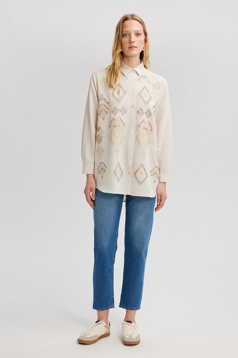 Touché Privé - Oversized geborduurde linnenlook blouse - Naturel - Dames