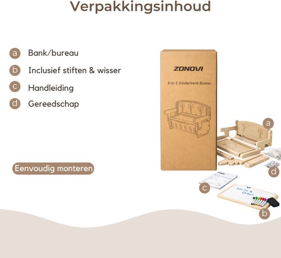 Verpakking van Zonovi 3-in-1 kinderbureau, met inhoud: bank/bureau, stiften & wisser, handleiding en gereedschap.