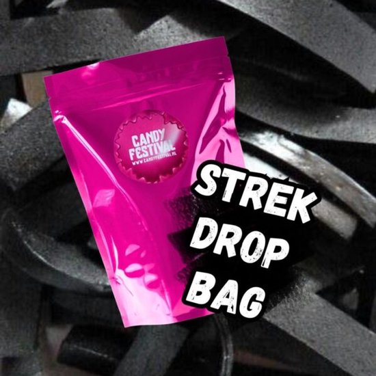 Roze zakje met 'Candy Festival' logo en tekst 'STREK DROP BAG'.