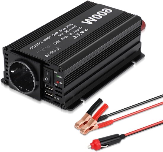600W Omvormer 12V naar 230V, Pure Sinusgolf Spanningsomvormer voor Auto met 2 USB Poorten, Ideaal voor Laptop, Mobiele Telefoon en Tablet Opladen
