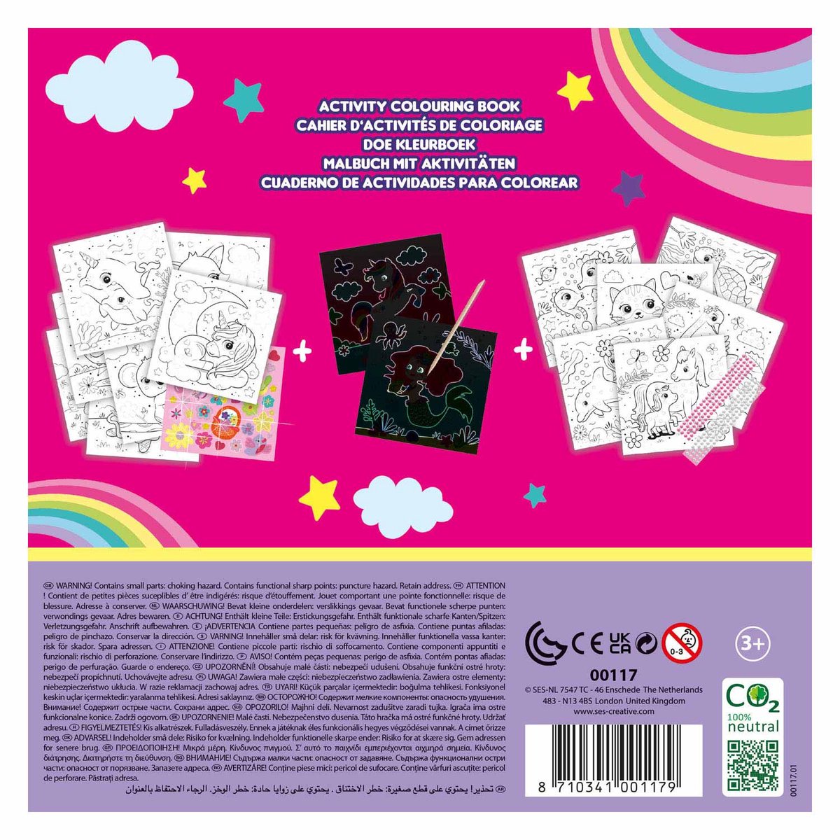 SES Creative - Doe kleurboek glitter 3 in 1 - glitter scratch, diamond painting en kleurplaten - met glitters stickers en houten scratch pen – kleurboek voor kinderen — afbeelding 3
