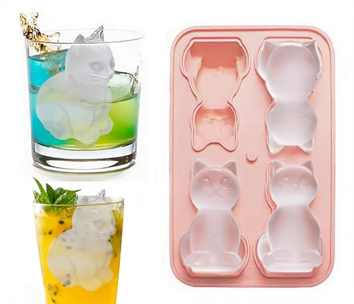 IJsblokjesbakje met deksel – Grote 3D-ijsblokjesvorm in kattenvorm van siliconen – Geschikt voor cocktails, whisky en bourbon – Leuk cadeau voor kattenliefhebbers – Grappige vorm (roze)
