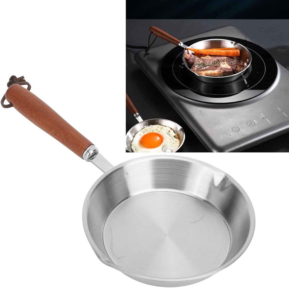 RVS Koekenpan met Houten Handvat, Antiaanbaklaag, Geschikt voor Inductiekookplaat en Huishoudelijk Gebruik (12 cm)