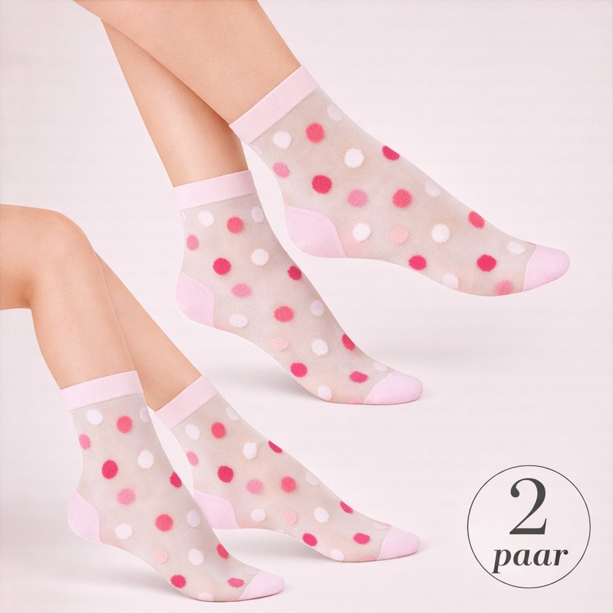 Panty sokjes (2 paar) - Pantykousjes Dames - 20 Denier Kleurrijke Stippen - Wit/Pink - Maat:39-42 - Model: Punta - Merk: Gabriella