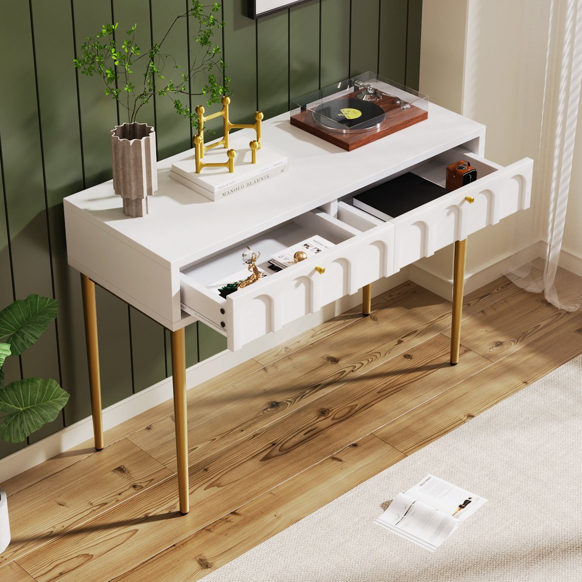 MODENUIT Kaptafel - 2 Lades Met Gebogen Fronten - Voor Slaapkamer - Hout En Metaal - Crèmewit - 100x45x76,5 Cm