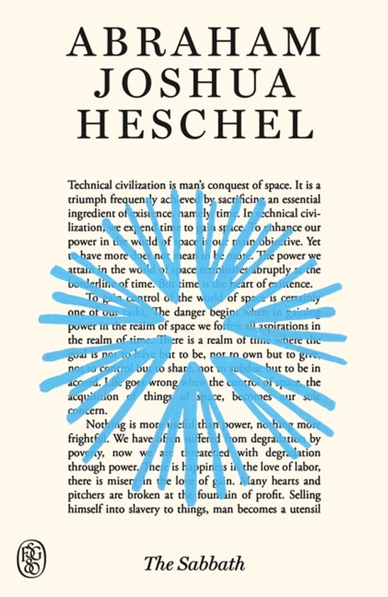 Boekomslag van "The Sabbath" van Abraham Joshua Heschel met blauwe strepen die tekst bedekken.