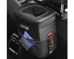HOTOR Auto Prullenbak 7,5L met Deksel - Ophangbaar aan Hoofdsteun of Middenconsole - Waterdicht & Lekvrij - Opvouwbaar - Met Opbergvakken - Autoprullenbak / Vuilnisbak Auto - Zwart