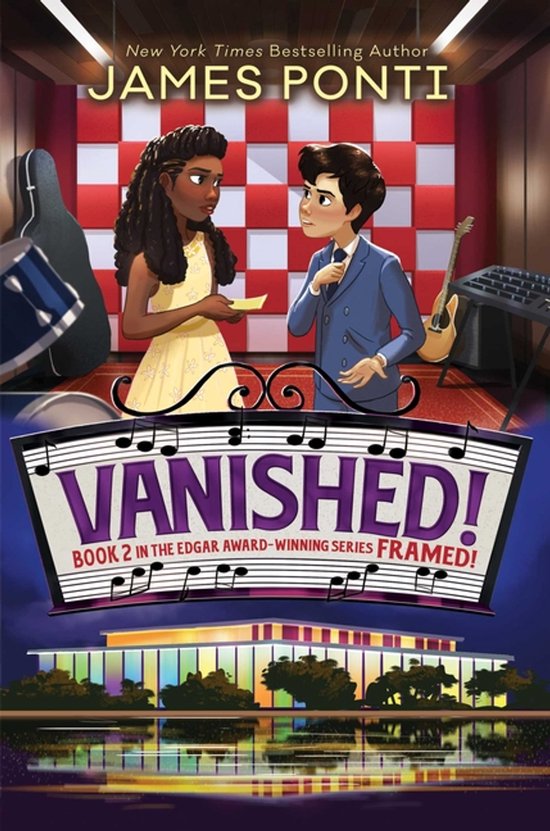 Boekcover met de titel "Vanished!" en twee tieners in een opnamestudio. James Ponti is de auteur.