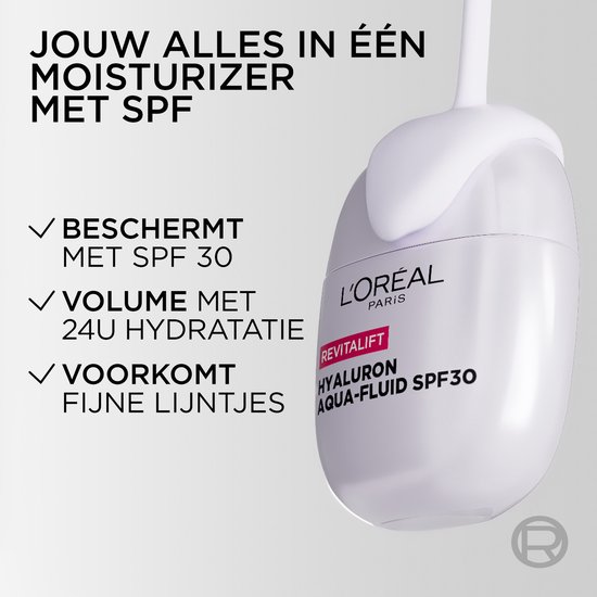 L'Oréal Revitalift Hyaluron Aqua-Fluid SPF30 in een paars flesje met pompje.