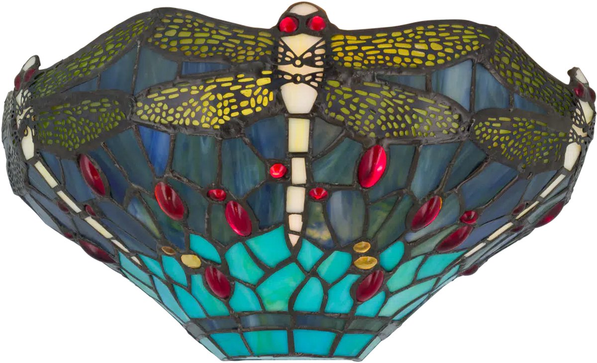 Tiffany wandlamp Libelle - Blauw-groen - B 25 cm - Glas in lood - Warm licht - Dragonfly - Muurlamp | RORUVERA