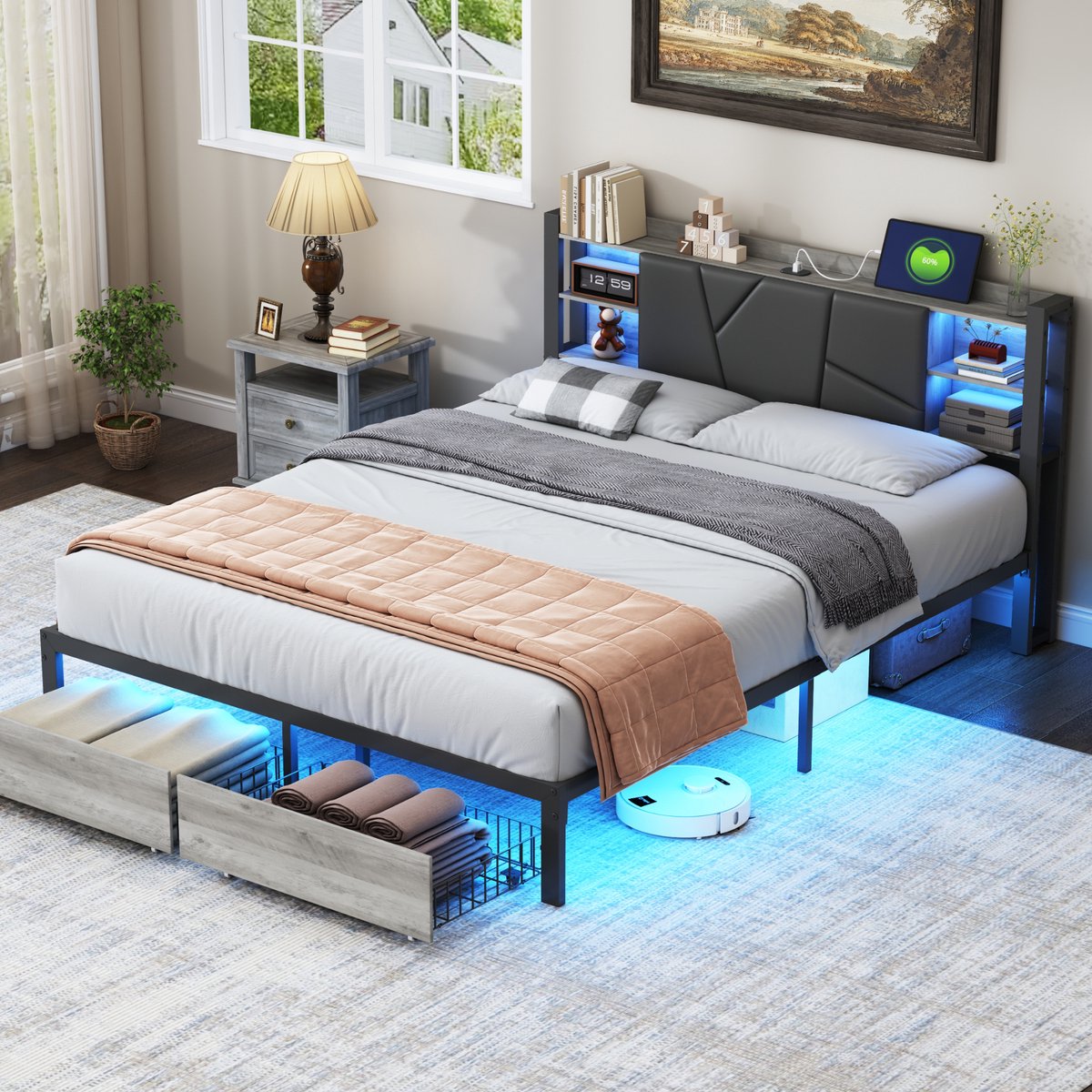 ROSAHQNDA Gestoffeerd bed met ledverlichting, USB-aansluiting en 2 lades, 140x200 cm, voor appartement of gezin, ijzeren frame, met PU bekleed hoofdeinde, grijs