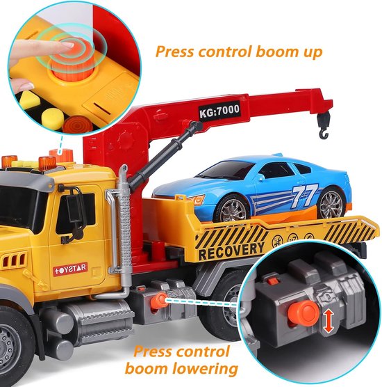 Gele speelgoed vrachtwagen met een blauwe raceauto op de laadbak. Text ernaast: 'Press control boom up' en 'Press control boom lowering'.