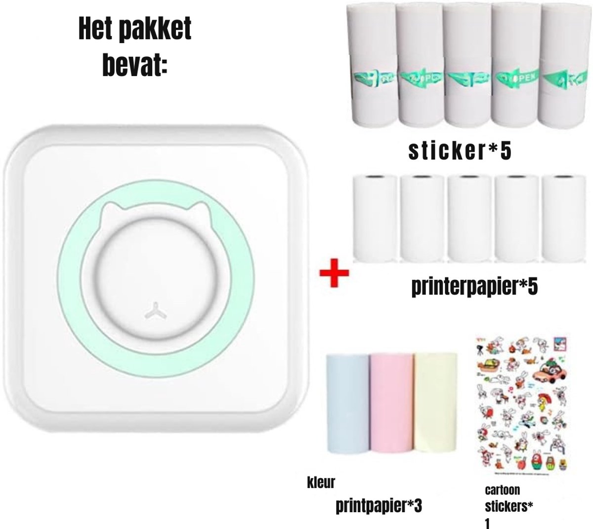 Aura® Mini Printer – Inclusief Thermisch/Zelfklevend/Etiket-Papier, USB-kabel, Aquarelpen, Transparant Sticke – Foto Printer Draadloos – Mobiele Fotoprinter - Wit/Mintgroen - 10cm x 10cm x 4cm thumbnail 2