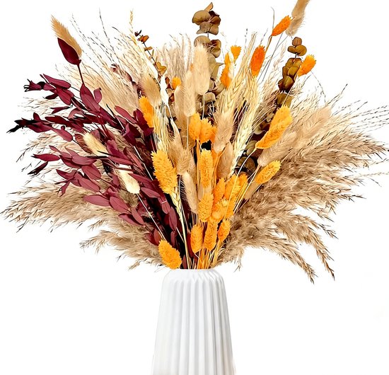 Gedroogd bloemenboeket in een witte vaas met oranje pluimen, pampasgras en donkerrode bladeren.