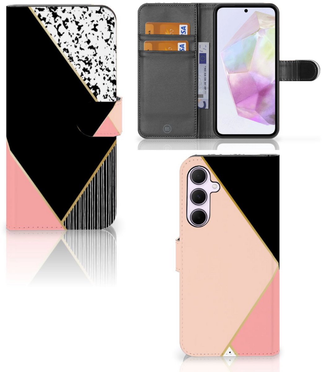 Samsung Galaxy A35 Book Case Zwart Roze Vormen